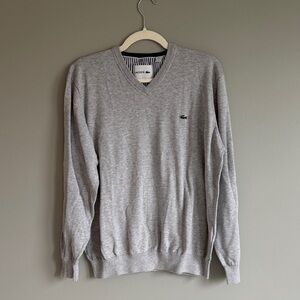 Lacoste Men's Light Gray V-Neck Sweater with Crocodile Logo
